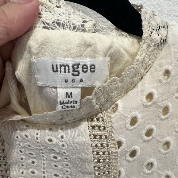 Umgee Cream Lace Peasant Babydoll Mini Dress Size M Femenine Fairy Cottage - Picture 2 of 7